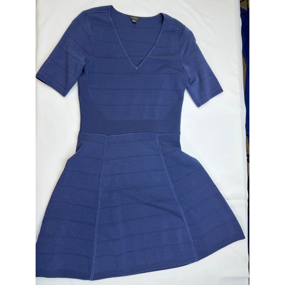 Ann Taylor Womens Blue Ribbed Knit V-Neck Fit and Flare Bandage Dress Medium